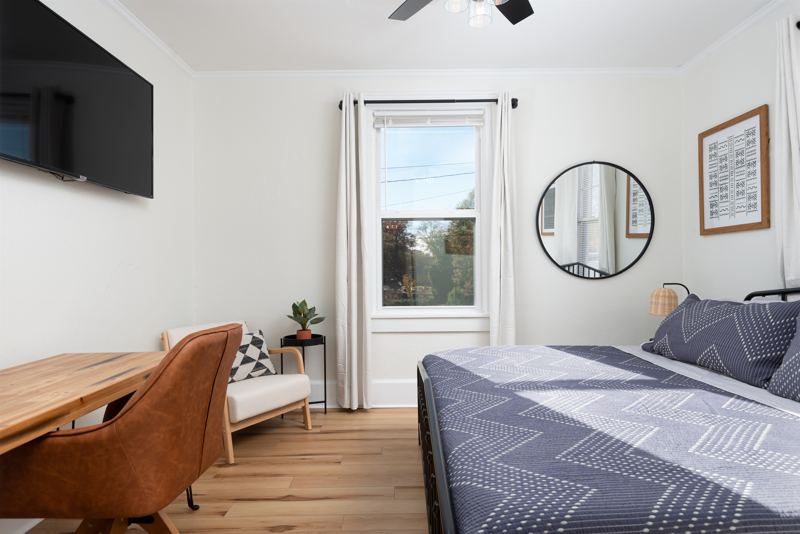 Main House Top Floor Unit Bedroom #2 with King Bed, 55 inch ROKU TV, Sound Machine & Blackout Curtains.