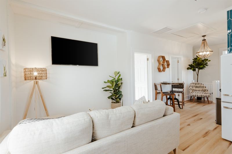 Main House Top Floor Unit Living Room with 55 inch ROKU TV.