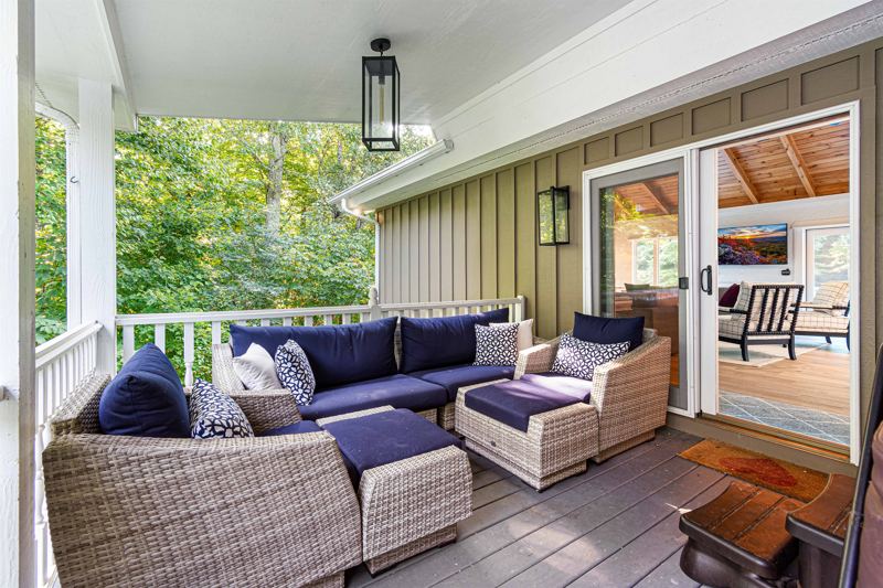 Cozy Back Deck Lounge Area, with hot tub, off the East Great Room