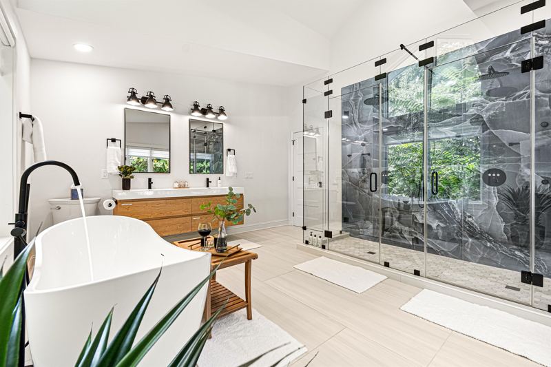 Master Bath with double shower, soaking tub and dual vanity