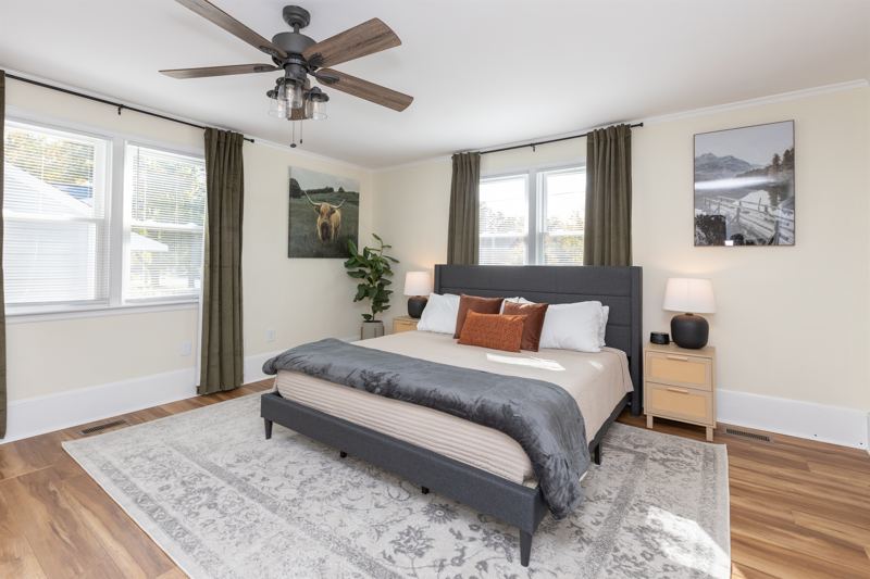 Bottom Floor Unit Bedroom #2 with King Bed, En-Suite Bathroom, 55 inch adjustable ROKU TV, Sound Machine & Blackout Curtains
