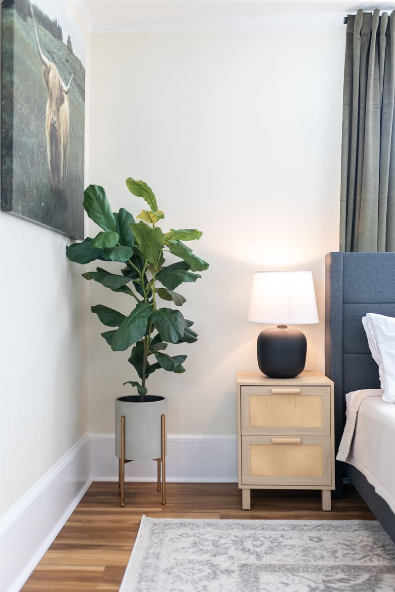 Bottom Floor Unit Bedroom #2 with King Bed, En-Suite Bathroom, 55 inch adjustable ROKU TV, Sound Machine & Blackout Curtains