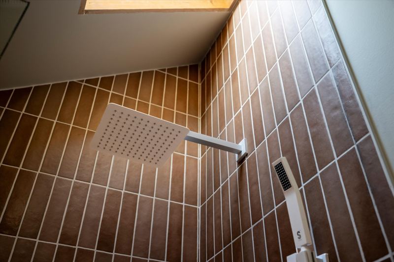 Rainfall shower, ceiling skylight and provided shampoo/conditioner/body wash