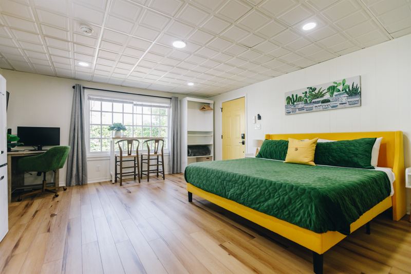 Studio Unit with King Bed, Fully stocked cheerful kitchen, 55-inch ROKU TV, Spacious Bathroom with extra-large shower, Full sized washer/dryer with detergent provided, Office Desk with 27-inch monitor & adjustable lamp, Sound Machine & Blackout Curtains.